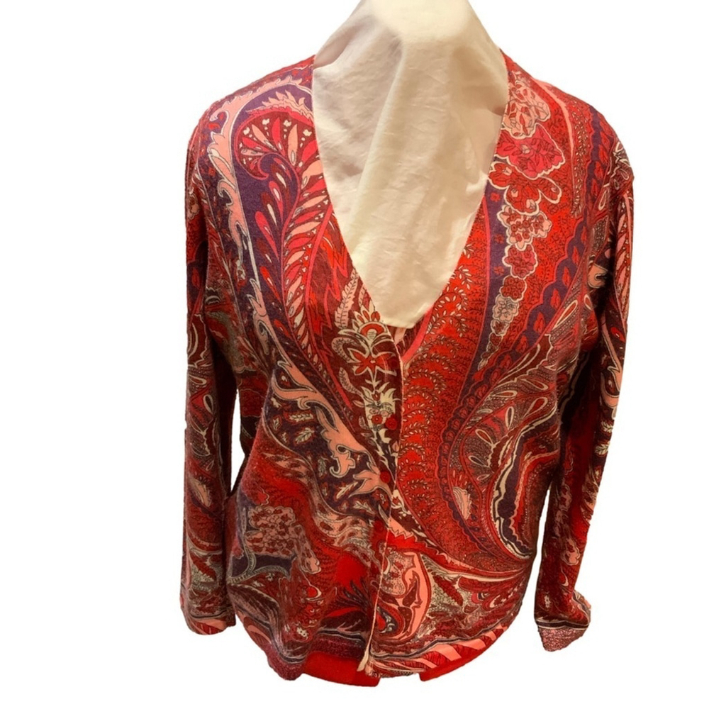 100% Merino Wool Madeline Pink and Red Cardigan with Paisley Design. Buttons